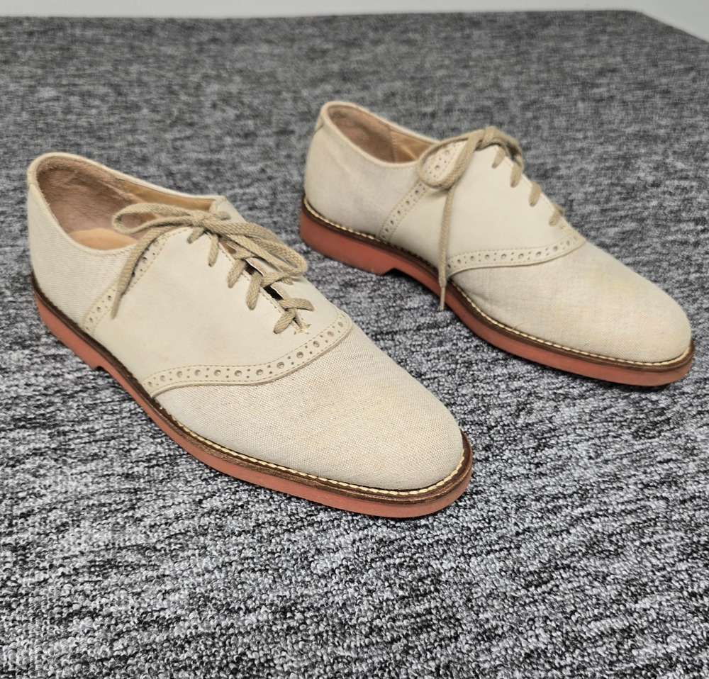 Vtg Cole Haan Saddle Oxfords Men's 8.5 D Cream Canvas Leather Red Brick Sole USA